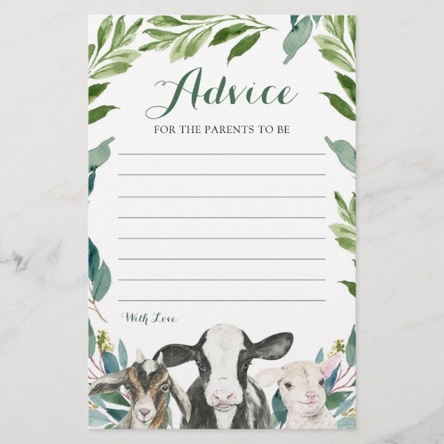 Farm Animal Greenery Boy Baby Shower Advice Card (Front)