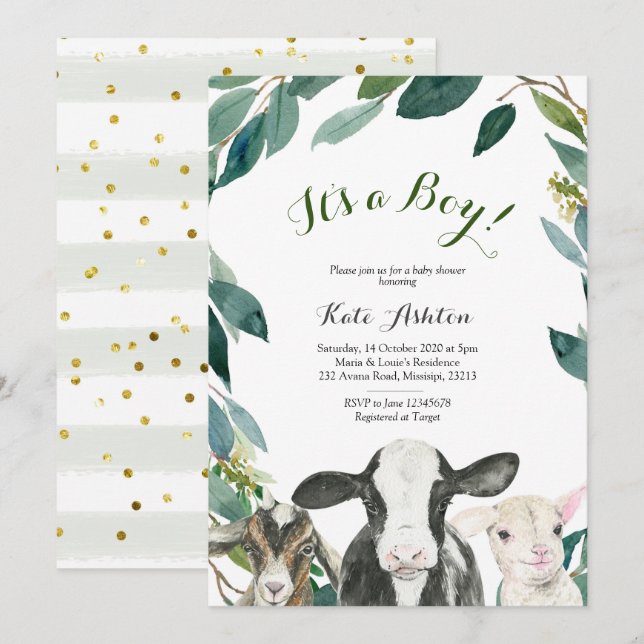 Farm Animal Greenery Boy Baby Shower Invitation (Front/Back)