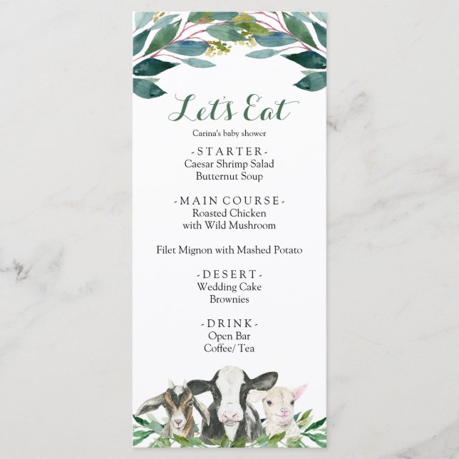 Farm Animal Greenery Boy Baby Shower Menu (Front)
