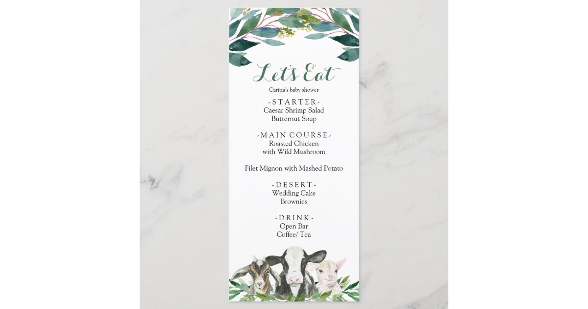 Farm Animal Greenery Boy Baby Shower Menu Zazzle