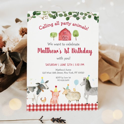 Farm Animal Greenery Party Animal Birthday Invitation