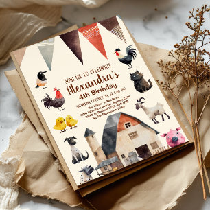 Farm Animal Kids Farmer  Birthday Party Invitation