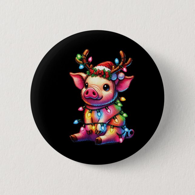 Farm Animal Lovers Pig Wearing Santa Hat Christmas Button (Front)