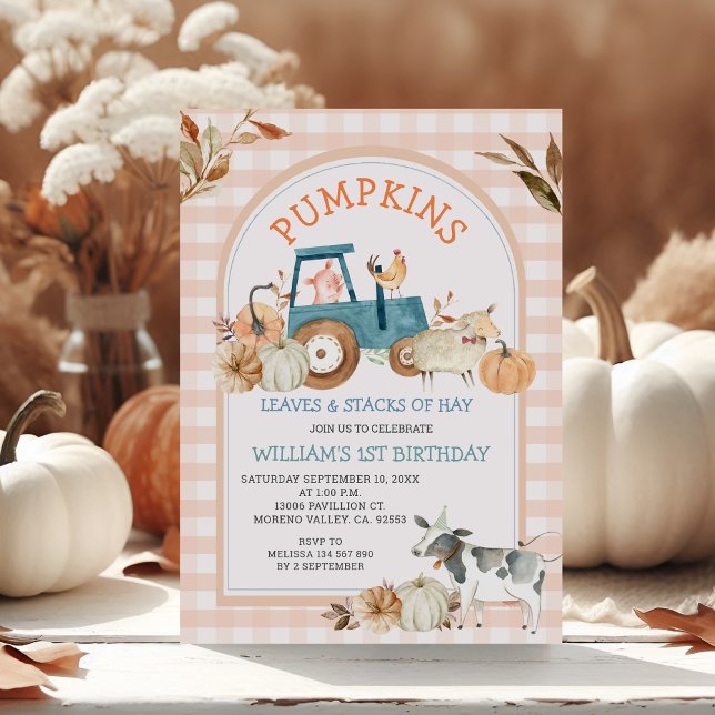 Farm Animal Orange Gingham Fall Pumpkins Birthday Invitation (Creator Uploaded)
