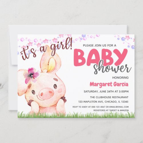 Farm Animal Piggy Baby Girl Pig Baby Shower Invitation