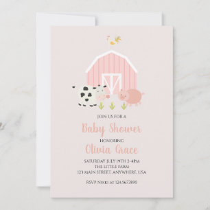 Farm animal pink barn baby shower invitation