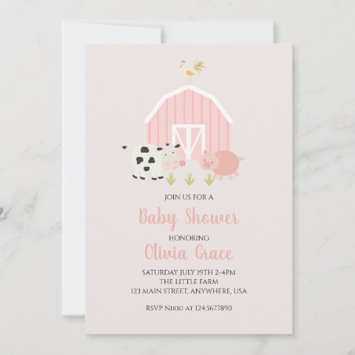 Farm animal pink barn baby shower invitation