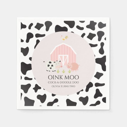 Farm Animal Pink Barn Cow Print Birthday Napkins
