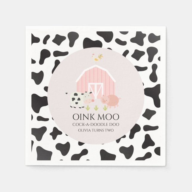 Farm Animal Pink Barn Cow Print Birthday Napkins (Front)