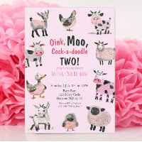 Farm Animal Pink Girls Second Birthday Invitation