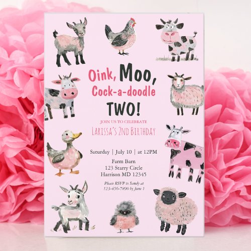 Farm Animal Pink Girls Second Birthday Invitation