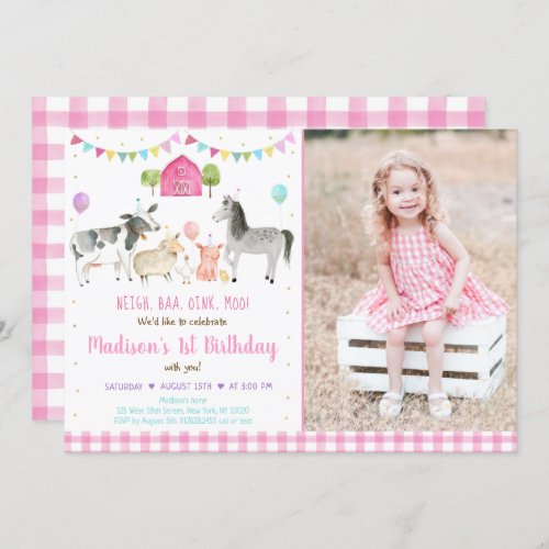 Farm Animal Pink Gold Balloon Birthday Invitation