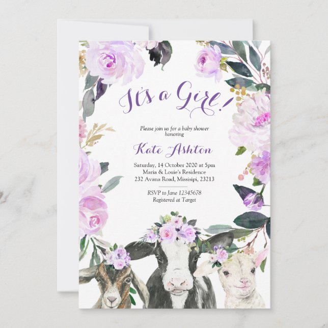 Farm Animal Purple Floral Girl Baby Shower Invitation (Front)