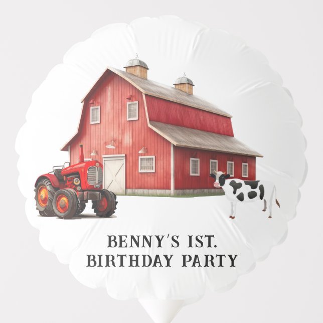 Farm Animal Red Barn Tractor 1st. Birthday Party Balloon (Front)
