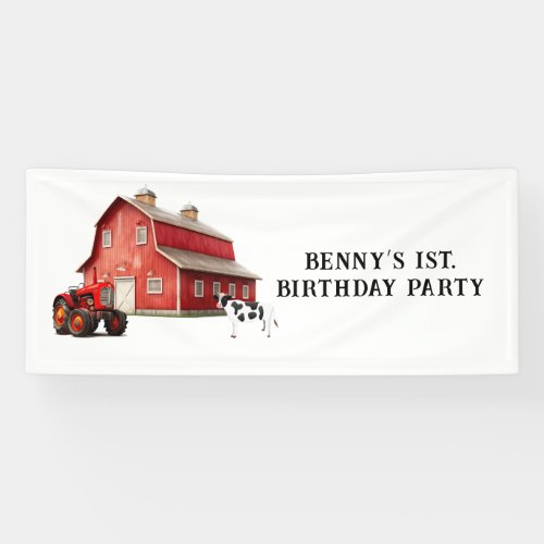 Farm Animal Red Barn Tractor 1st Birthday Party Banner