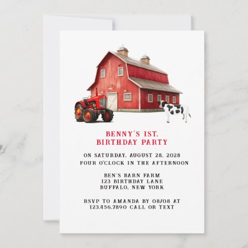 Farm Animal Red Barn Tractor 1st Birthday Party Invitation