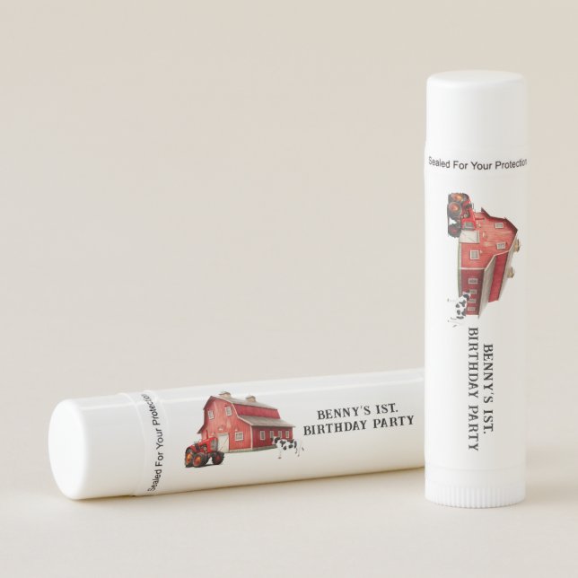 Farm Animal Red Barn Tractor 1st. Birthday Party Lip Balm (Front)