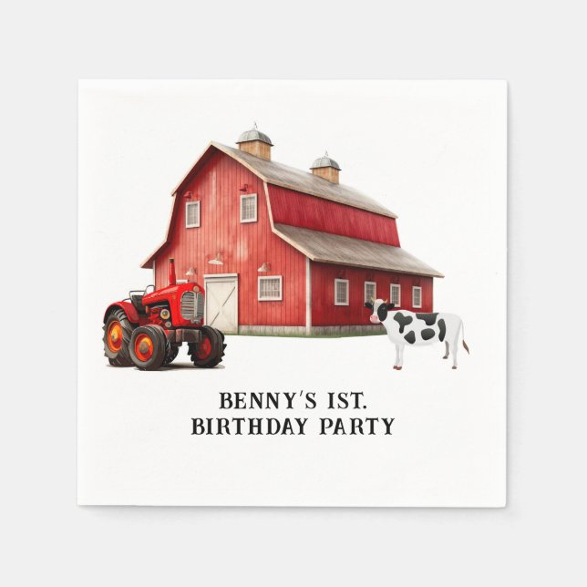 Farm Animal Red Barn Tractor 1st. Birthday Party Napkins (Front)