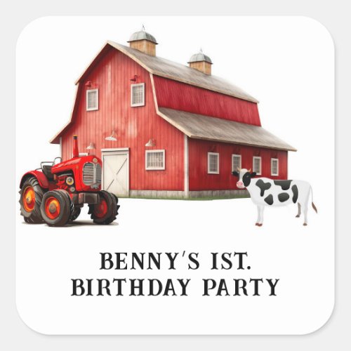 Farm Animal Red Barn Tractor 1st Birthday Party Square Sticker