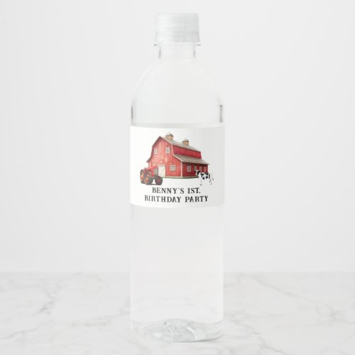 Farm Animal Red Barn Tractor 1st Birthday Party Water Bottle Label