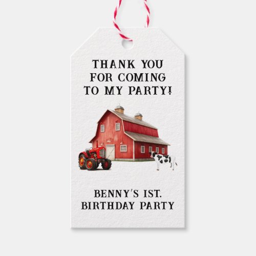 Farm Animal Red Barn Tractor 1st Birthday Thank U Gift Tags