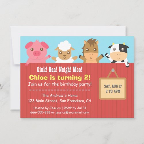 Farm Animal Red Fence Birthday Party Invitations