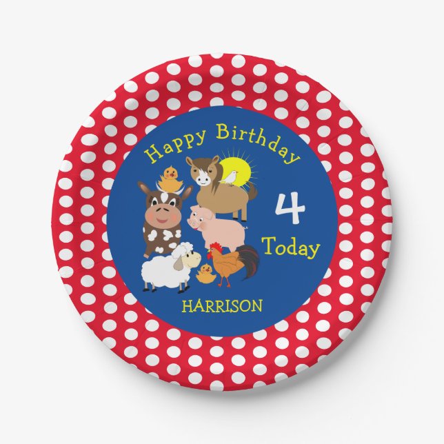 Farm Animal Themed Kids Birthday Party Editable Paper Plates (Front)