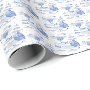 Farm Animal Toile (Blue)  Wrapping Paper