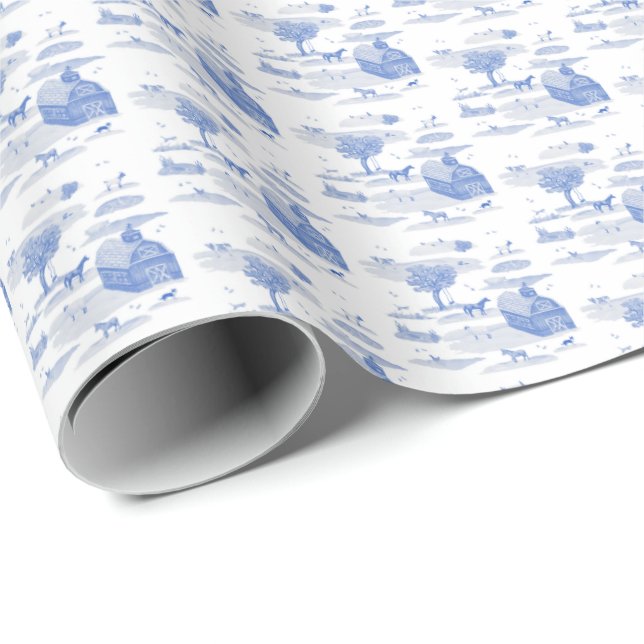 Farm Animal Toile (Blue)  Wrapping Paper (Roll Corner)