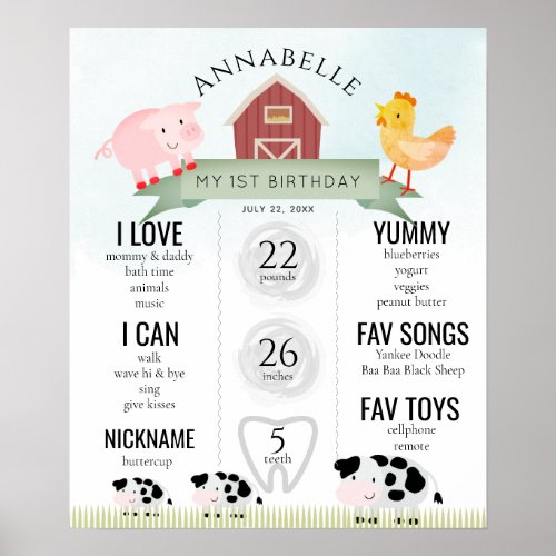 Farm Animals1st Birthday Milestone Poster