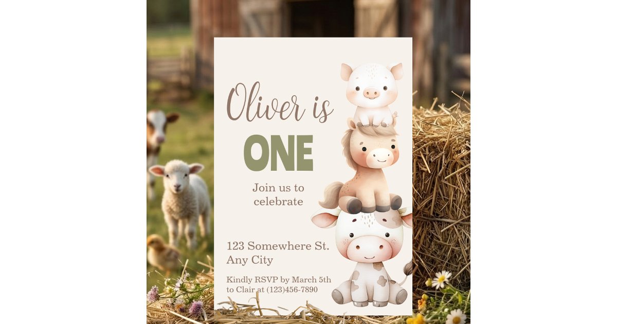 Farm Animals 1st Birthday Barnyard Baby Boy Invitation | Zazzle