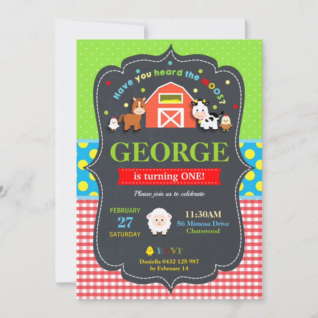 Farm Animals 1st Birthday Party Boy Barnyard Invitation | Zazzle