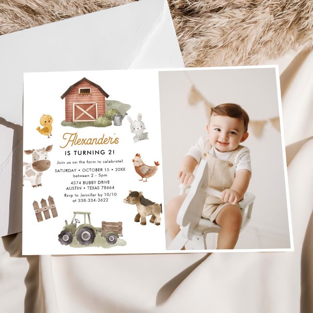 Farm Animals 2nd Birthday Party Photo Invitation (Creator Uploaded)