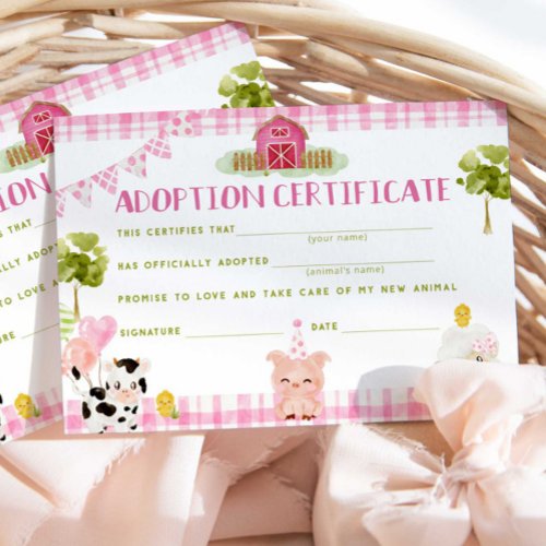 Farm animals adoption certificate birthday card