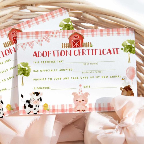 Farm animals adoption certificate birthday card