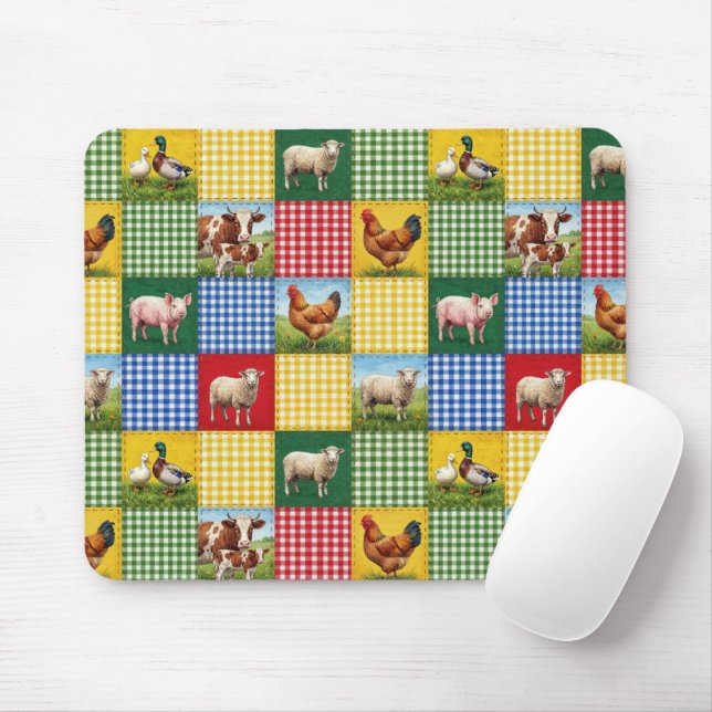 Farm Animals and Gingham Patchwork Quilt Mouse Pad (With Mouse)