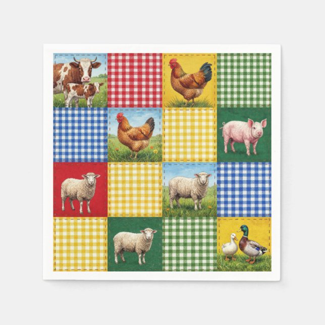 Farm Animals and Gingham Patchwork Quilt Napkins (Front)