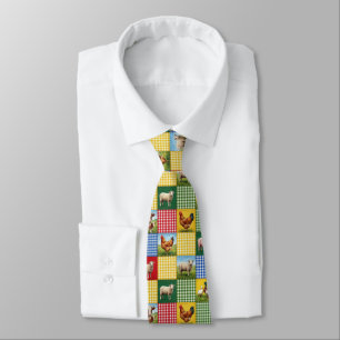 Farm Animals and Gingham Patchwork Quilt Neck Tie