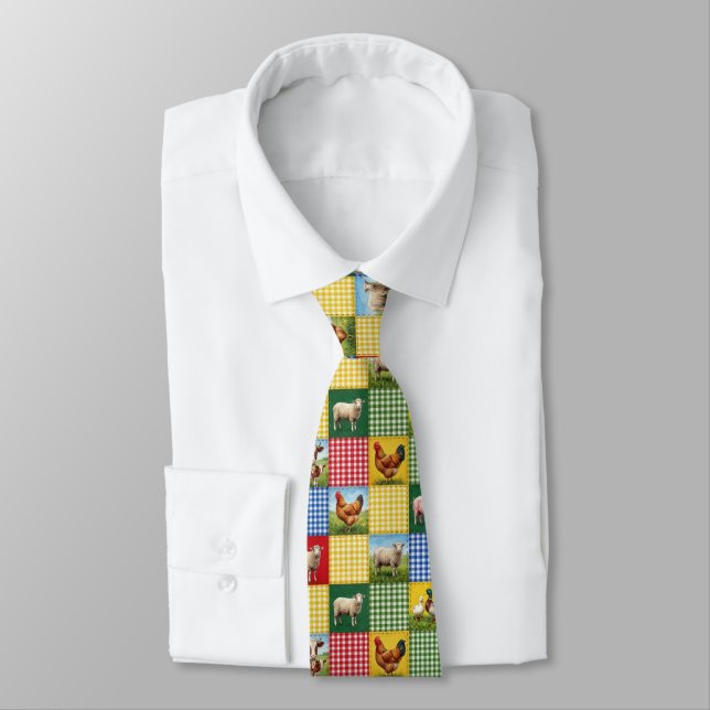 Farm Animals and Gingham Patchwork Quilt Neck Tie (Tied)
