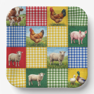 Farm Animals and Gingham Patchwork Quilt Paper Plates