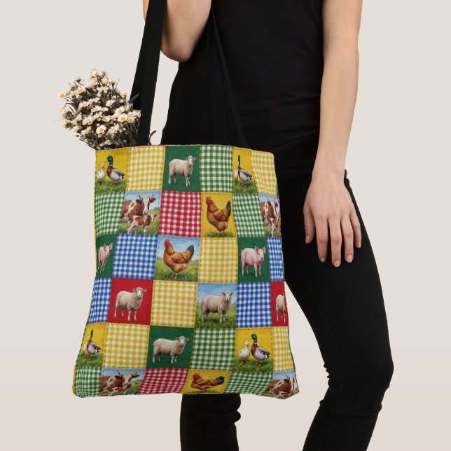 Farm Animals and Gingham Patchwork Quilt Tote Bag (Close Up)