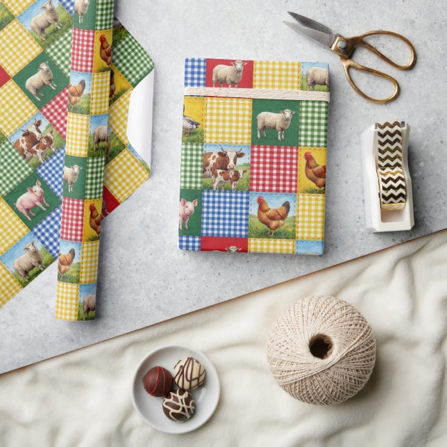 Farm Animals and Gingham Patchwork Quilt Wrapping Paper (Crafts)