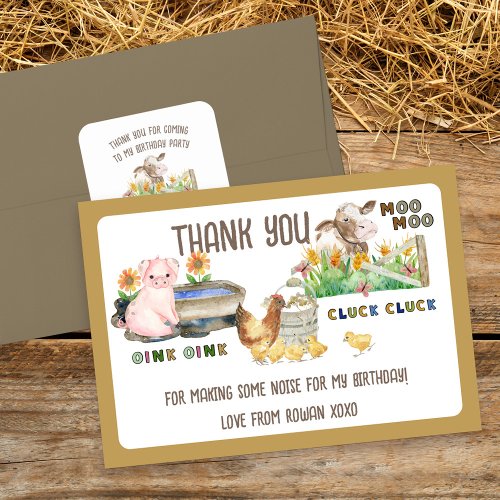 Farm Animals and Noises Kids Birthday Thank You Card