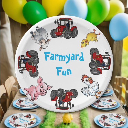 Farm Animals and Red Tractor Fun Birthday Paper Plates