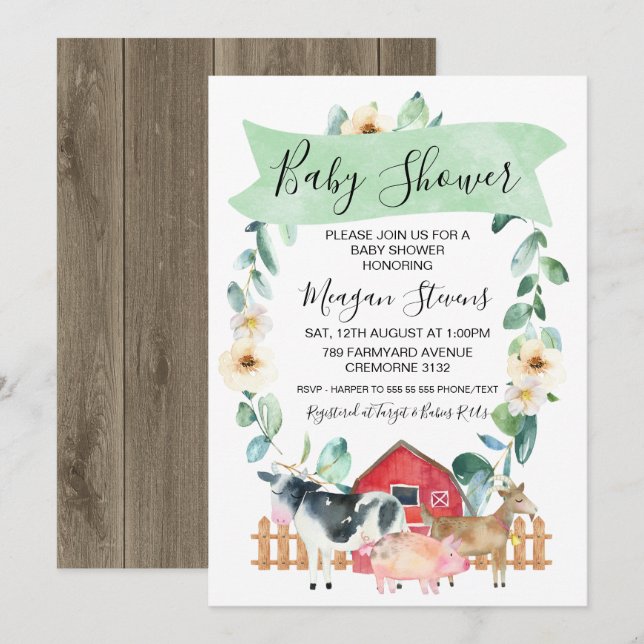 Farm Animals And Wreath Baby Shower Invitation (Front/Back)