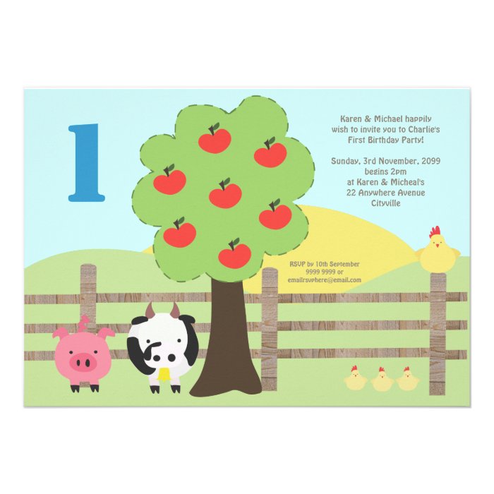 Farm Animals Apple Tree 1st Birthday Party  Invite