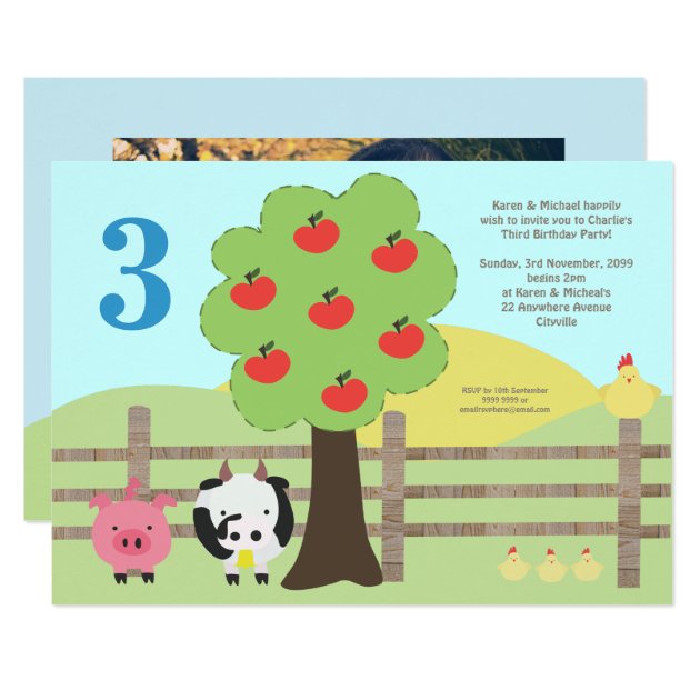 Farm Animals Apple Tree Kids Birthday Party Invite