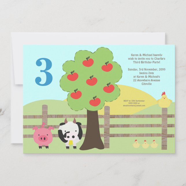 Farm Animals Apple Tree Kids Birthday Party Invite (Front)