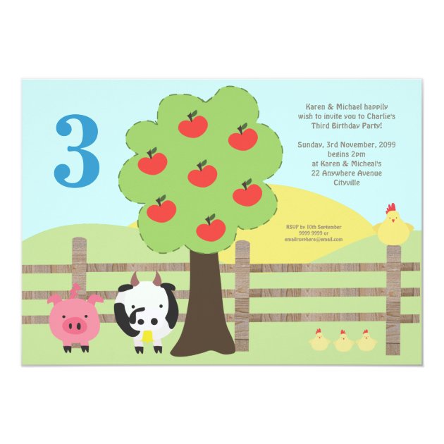 Farm Animals Apple Tree Kids Birthday Party Invite