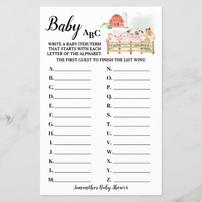Farm Animals Baby ABC Baby Shower Game Card Flyer (Front)